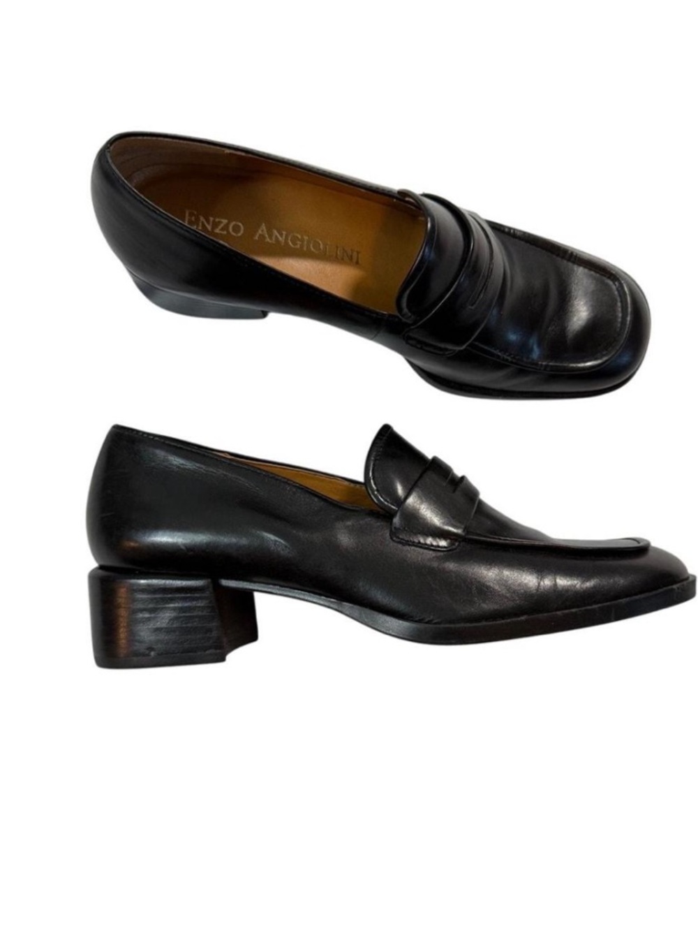 Enzo Angiolini Black Leather Penny Loafers with Heel